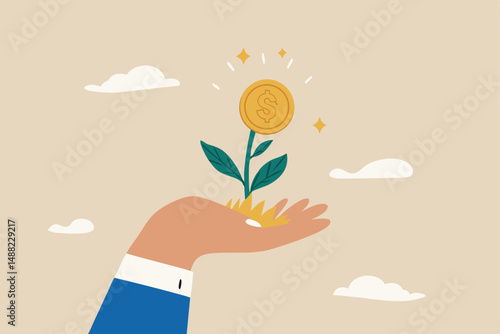Investment growth, prosperity or earn more money from savings, mutual funds or opportunity to make profit and increase wealth, businessman investor hand holding money flower plant from pile of coins.