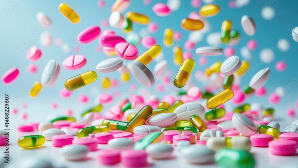 Tablets and Capsules in Flight against a White Background: Medical Idea Tablets and Capsules in Flight against a White Background: Medical Idea