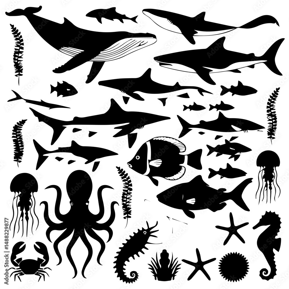 Fototapeta premium Black silhouette collection of diverse marine life including fish, sharks, octopuses, and seaweed on a white background, arranged in a dense pattern for aquatic-themed designs or illustrations.