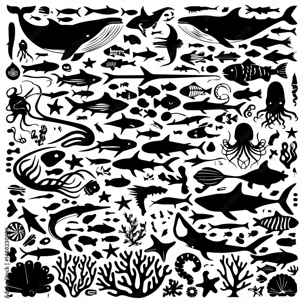 Naklejka premium Black silhouette collection of diverse marine life including fish, sharks, octopuses, and seaweed on a white background, arranged in a dense pattern for aquatic-themed designs or illustrations.