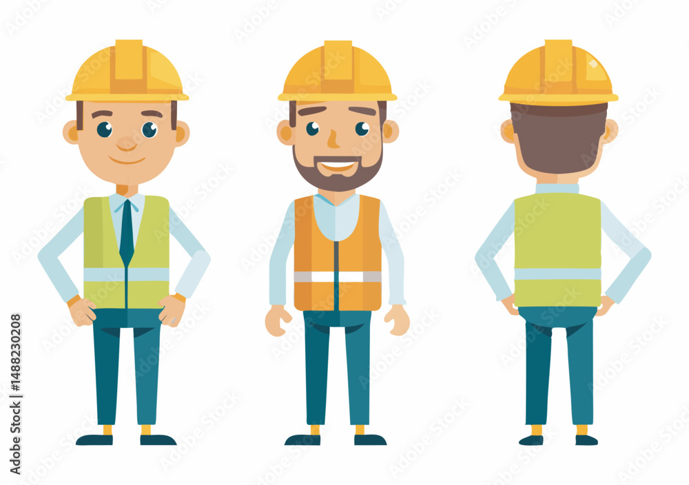 Engineer wearing hard hat. Character constructor for animation. Front, side and back Body view set. Vector illustration. Engineer wearing hard hat. Character constructor for animation. Front, side and back Body view set. Vector illustration.