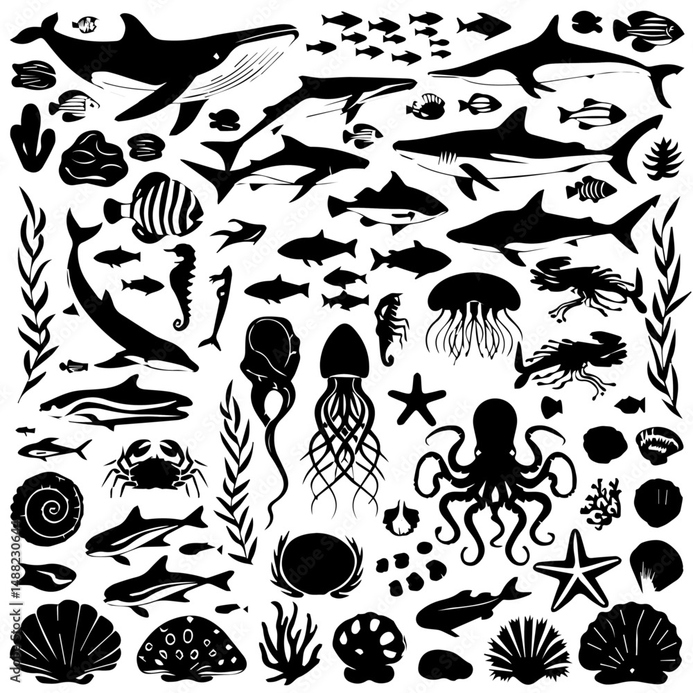 Fototapeta premium Black silhouette collection of diverse marine life including fish, sharks, octopuses, and seaweed on a white background, arranged in a dense pattern for aquatic-themed designs or illustrations.
