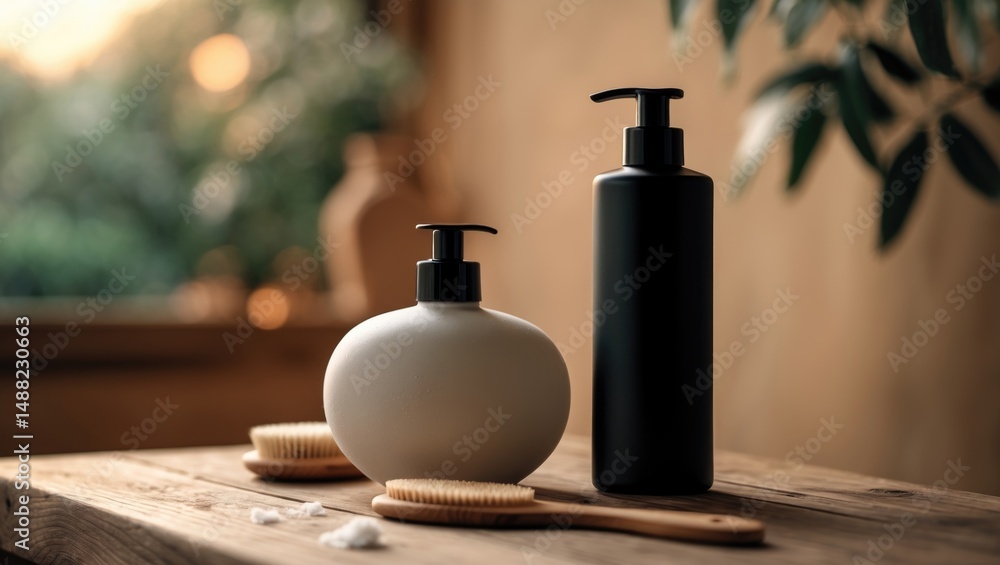 Shower gel containers and a brush arranged on a wooden table inside a bathroom Shower gel containers and a brush arranged on a wooden table inside a bathroom
