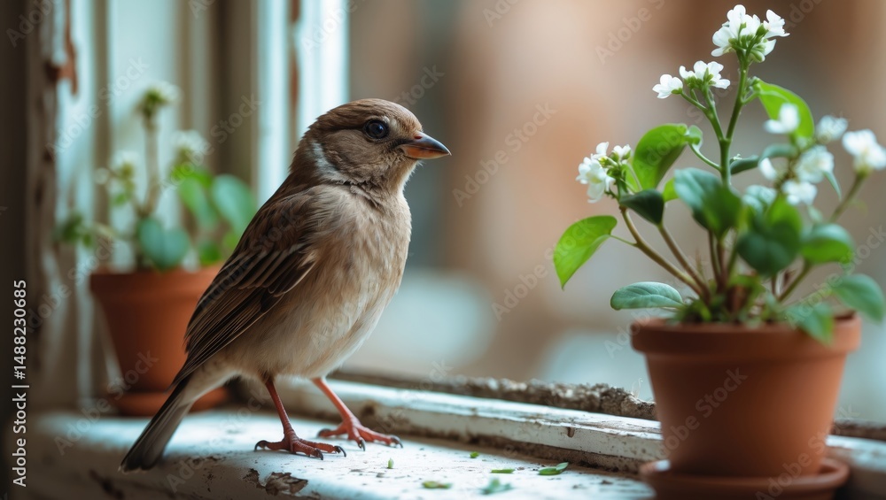 Naklejka premium Wild bird perched on the windowsill after an accidental flight into a house window. Idea of protecting stray animals and environmental welfare.