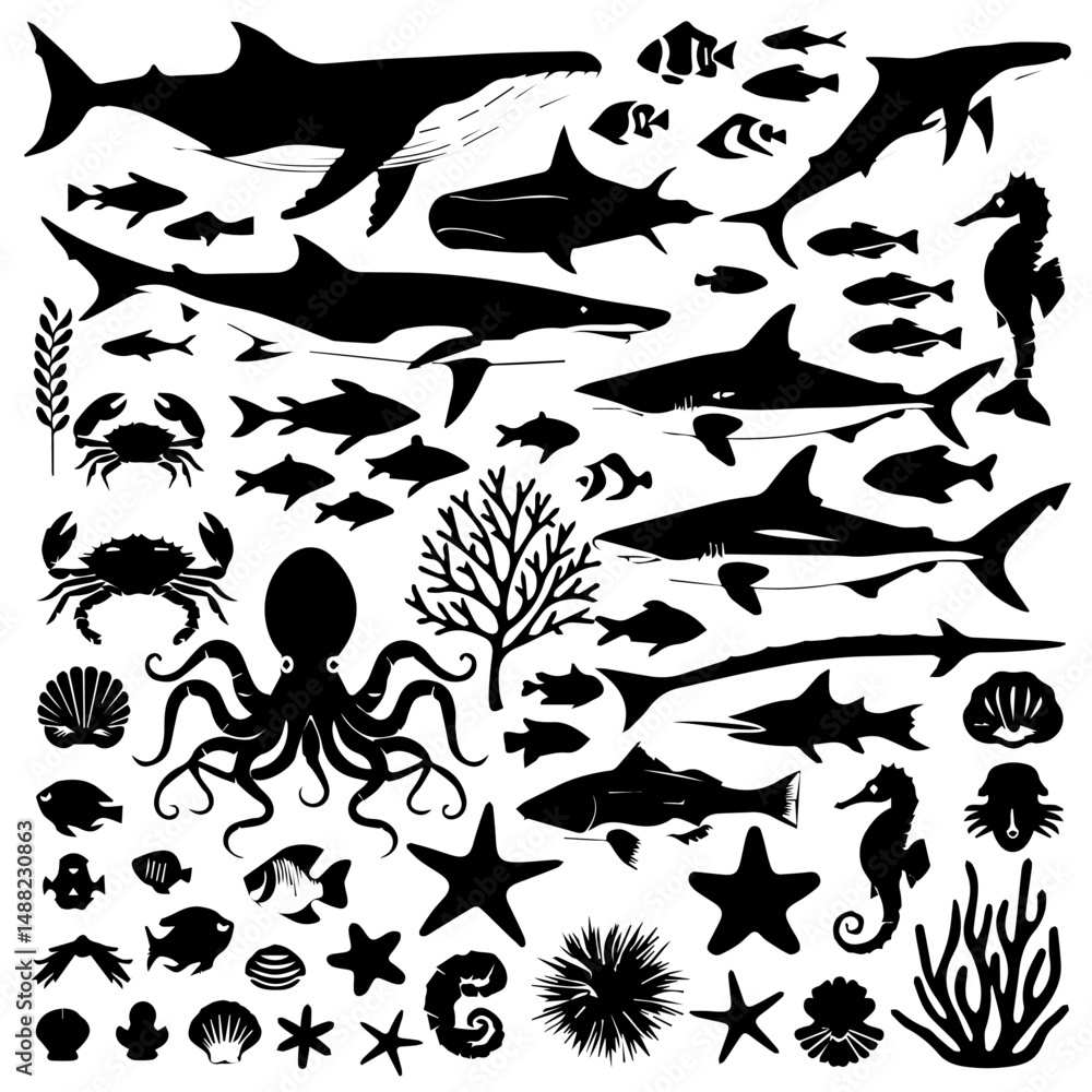 Naklejka premium Black silhouette collection of diverse marine life including fish, sharks, octopuses, and seaweed on a white background, arranged in a dense pattern for aquatic-themed designs or illustrations.