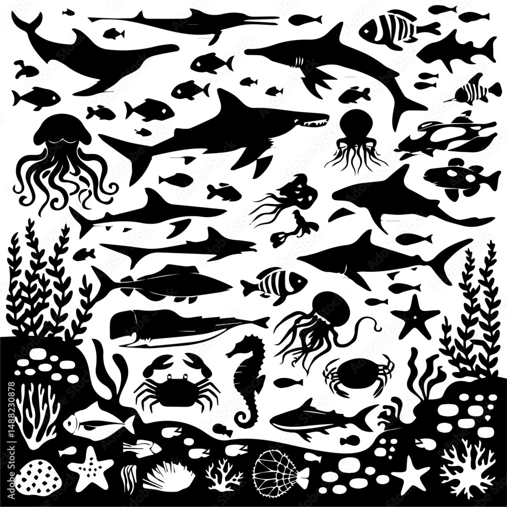 Naklejka premium Black silhouette collection of diverse marine life including fish, sharks, octopuses, and seaweed on a white background, arranged in a dense pattern for aquatic-themed designs or illustrations.