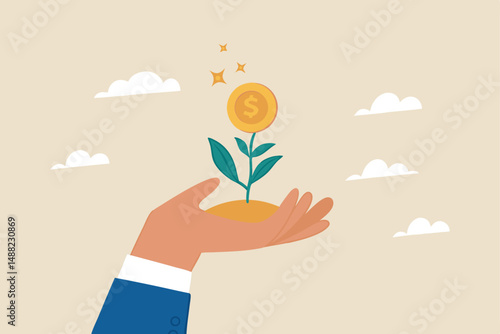 Investment growth, prosperity or earn more money from savings, mutual funds or opportunity to make profit and increase wealth, businessman investor hand holding money flower plant from pile of coins.