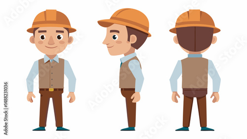 Engineer wearing hard hat. Character constructor for animation. Front, side and back Body view set. Vector illustration.