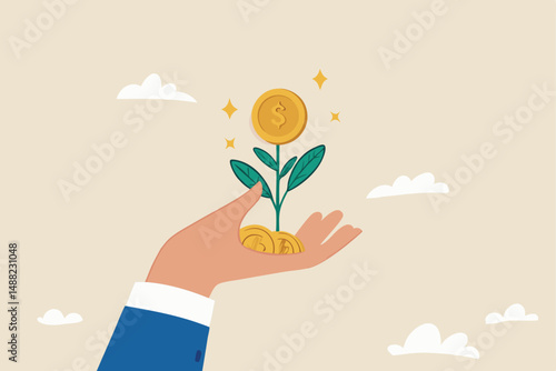 Investment growth, prosperity or earn more money from savings, mutual funds or opportunity to make profit and increase wealth, businessman investor hand holding money flower plant from pile of coins.