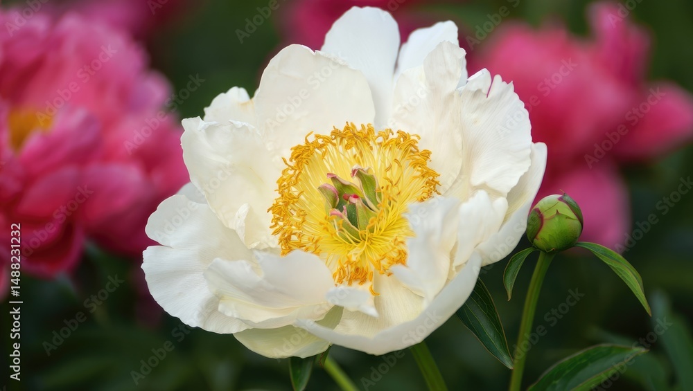 Beautiful white peony blossom surrounded by vibrant pink flowers in a garden setting Beautiful white peony blossom surrounded by vibrant pink flowers in a garden setting