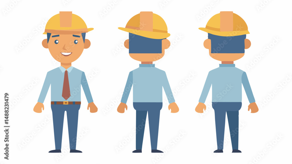 Engineer wearing hard hat. Character constructor for animation. Front, side and back Body view set. Vector illustration. Engineer wearing hard hat. Character constructor for animation. Front, side and back Body view set. Vector illustration.