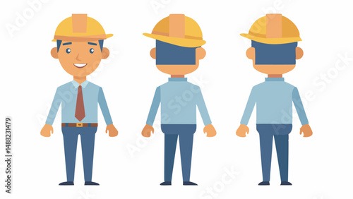 Engineer wearing hard hat. Character constructor for animation. Front, side and back Body view set. Vector illustration.