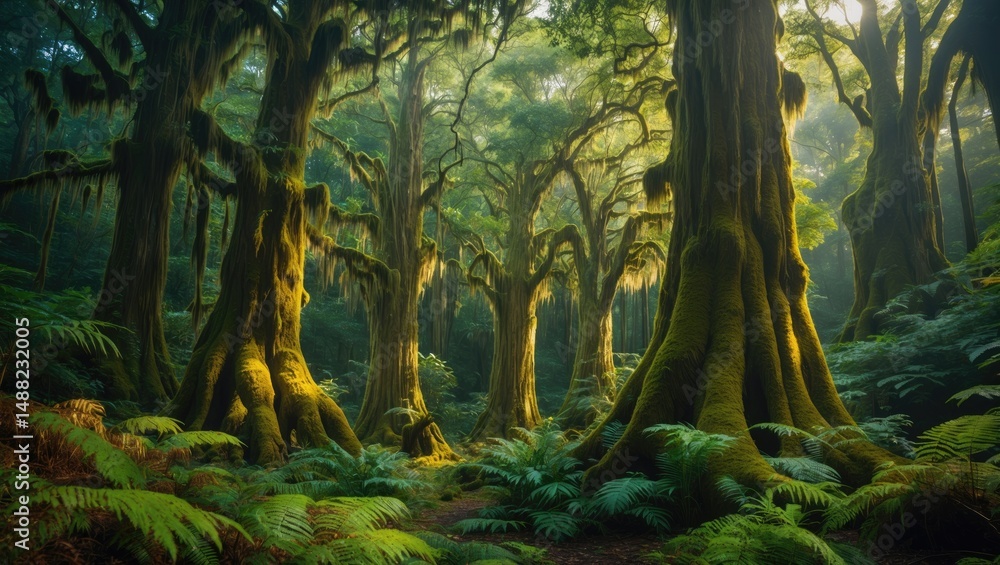 Obraz premium A Gorgeous Ancient Rain Forest with Enigmatic Trees Draped in Moss