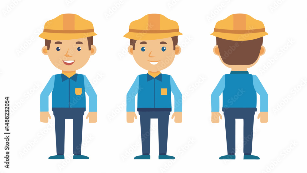 Engineer wearing hard hat. Character constructor for animation. Front, side and back Body view set. Vector illustration. Engineer wearing hard hat. Character constructor for animation. Front, side and back Body view set. Vector illustration.