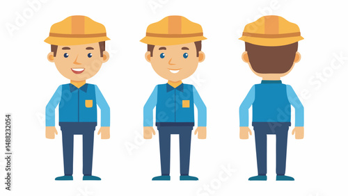 Engineer wearing hard hat. Character constructor for animation. Front, side and back Body view set. Vector illustration.