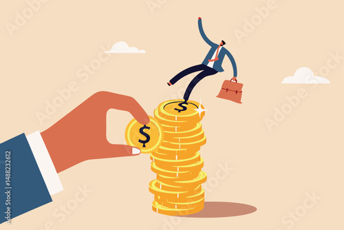 Investment risk from rug pull crash, pull money or liquidity back, market volatility, unstable and uncertainty concept, giant hand pull back money from coin stack causing investor to fall down.