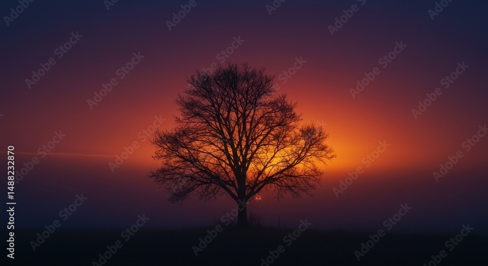 Silhouette tree sunrise foggy landscape Silhouette tree sunrise foggy landscape
