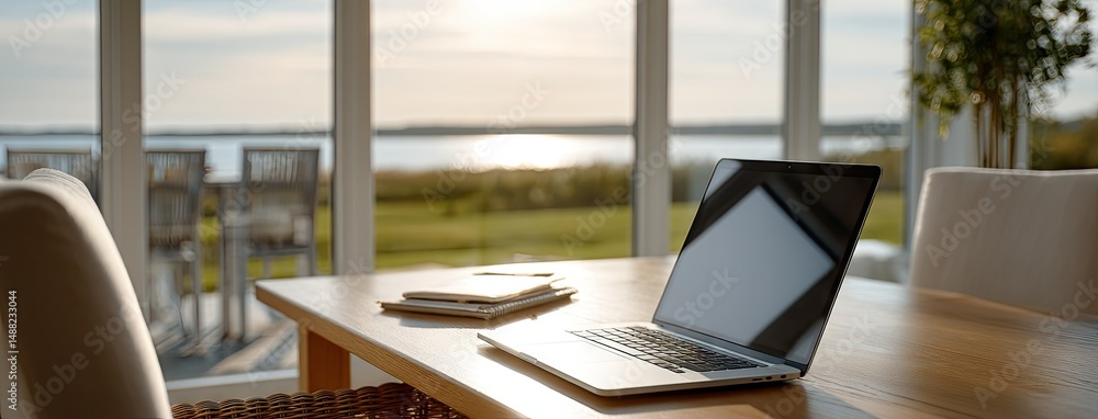 Fototapeta premium MacBook Pro on a wooden desk with ocean view during sunset, illuminated by natural light and surrounded by elegant decor
