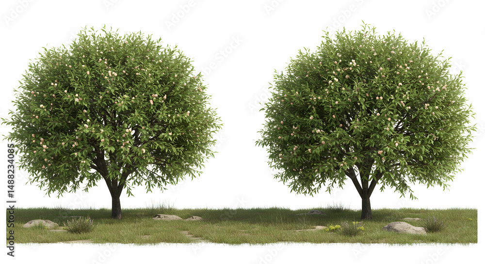 Fototapeta premium tree, trees, green tree, Two Lush Green Trees with Pink Blossoms in a Grassy Meadow