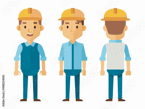 Engineer wearing hard hat. Character constructor for animation. Front, side and back Body view set. Vector illustration.