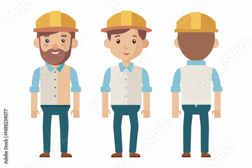 Engineer wearing hard hat. Character constructor for animation. Front, side and back Body view set. Vector illustration.