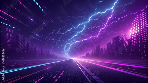 pink and blue Lightning in cyber city background 