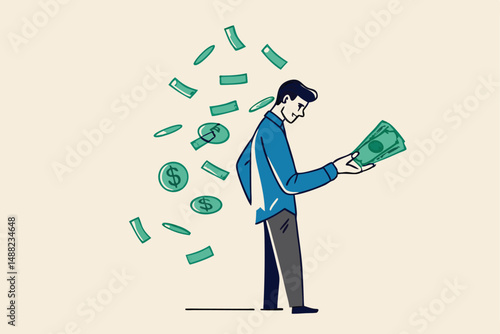 Earn money make profit from investment, savings, income or salary increase, get rich and earn more wealth concept, happy businessman millionaire holding easy money banknotes as financial success.
