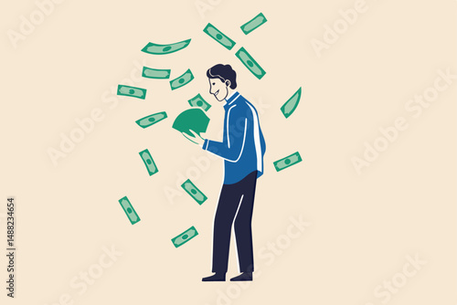 Earn money make profit from investment, savings, income or salary increase, get rich and earn more wealth concept, happy businessman millionaire holding easy money banknotes as financial success.
