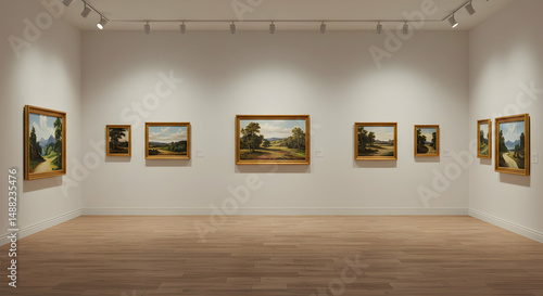 art gallery,  interior,  gallery, Art Gallery Interior with Landscape Paintings