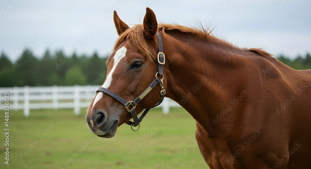 Naklejka premium horse, chestnut horse, brown horse, Chestnut Horse Portrait in Pasture