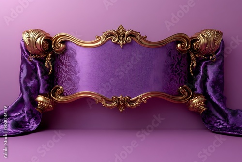 Opulent purple and gold frame with luxurious velvet curtains on a soft pink background