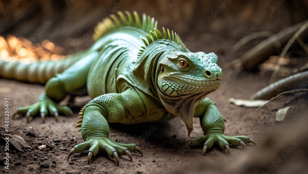 Fototapeta premium Ground-level closeup of a big iguana