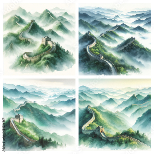 Landscape painting of Great Wall across misty mountains