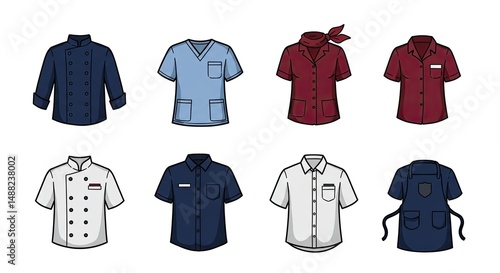 Colorful vector illustrations of various professional uniforms and workwear designs