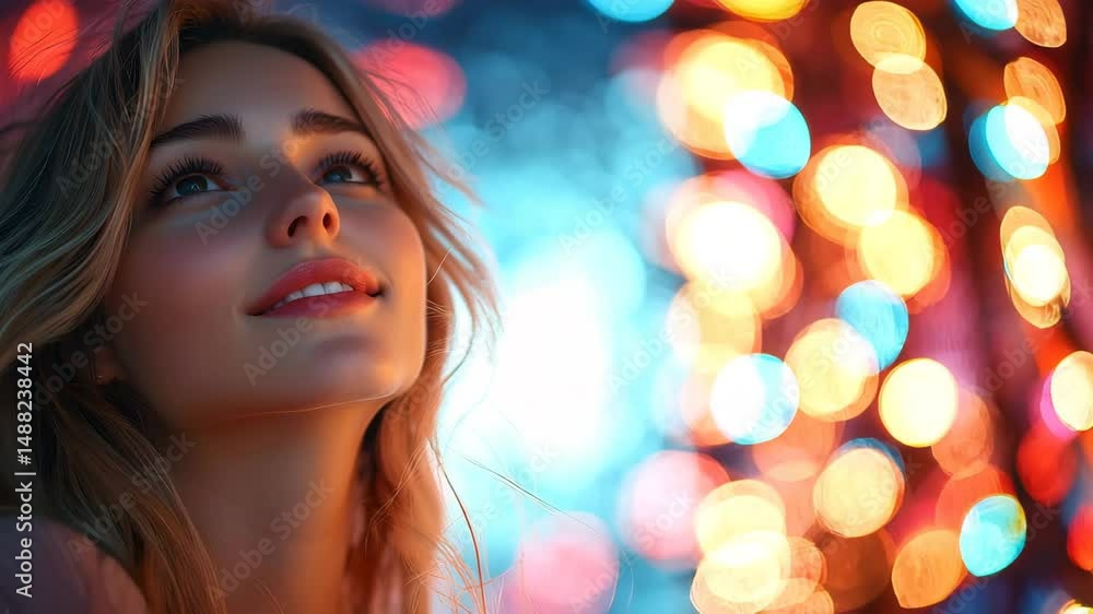 Woman captivated by the vibrant lights of a carnival Ferris wheel at night Woman captivated by the vibrant lights of a carnival Ferris wheel at night
