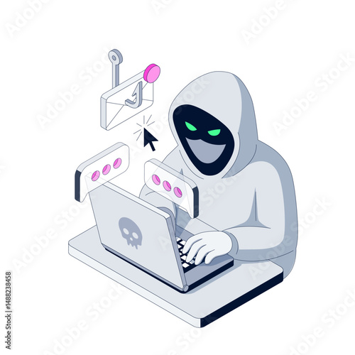 Scammer is sitting at his laptop. The letter is hooked.  Isometric illustration. Phishing attack tricks users with fake email messages. Hacker uses bait link