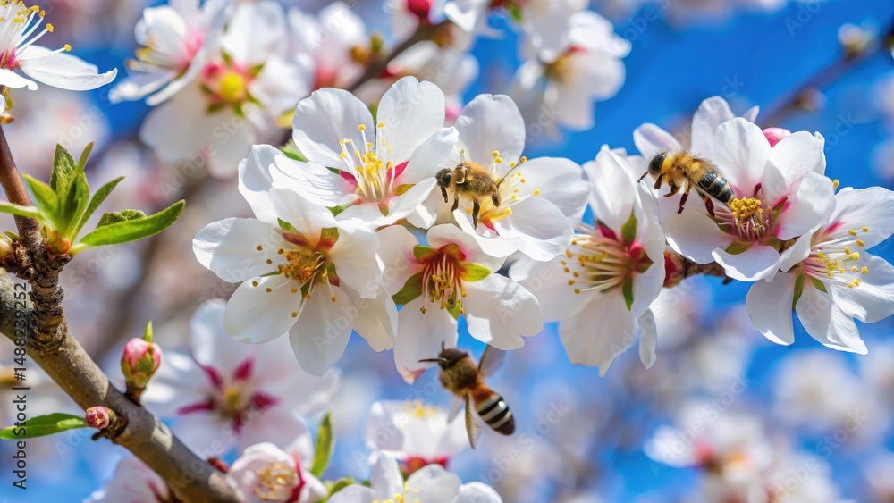 Fototapeta premium Almond Tree in Full Bloom with Bees , almonds, tree, almonds, tree, bee