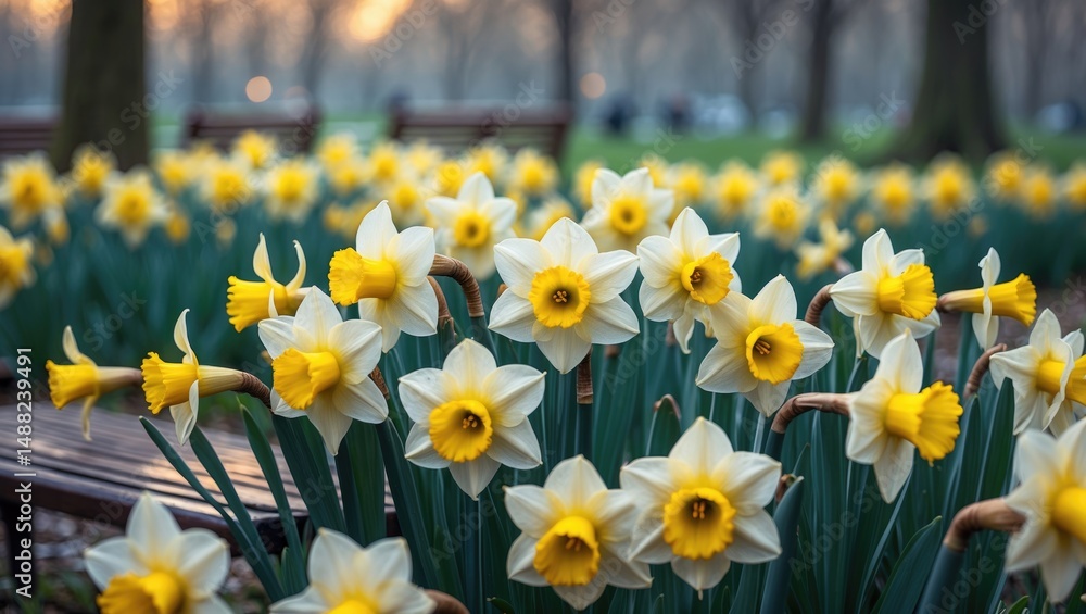 Bright Yellow Daffodils Blooming in a Meadow Scene Bright Yellow Daffodils Blooming in a Meadow Scene
