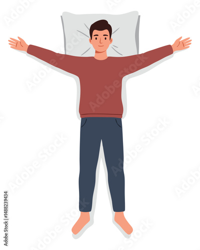 Young Man Relaxing on Pillow with Arms Outstretched, Lying Comfortably on Back in Bedroom