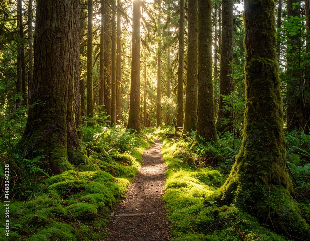 Fototapeta premium Sunlight filtering Dense Forest through tall trees