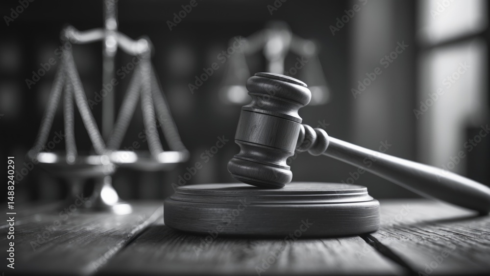 Close-up of a wooden judge's gavel on a table, styled retro Close-up of a wooden judge's gavel on a table, styled retro