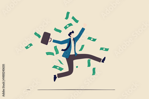 Success businessman achieve financial freedom, happy millionaire with plenty of money and wealth, income or salary increase or career opportunity concept, happy businessman jump high with money rain.