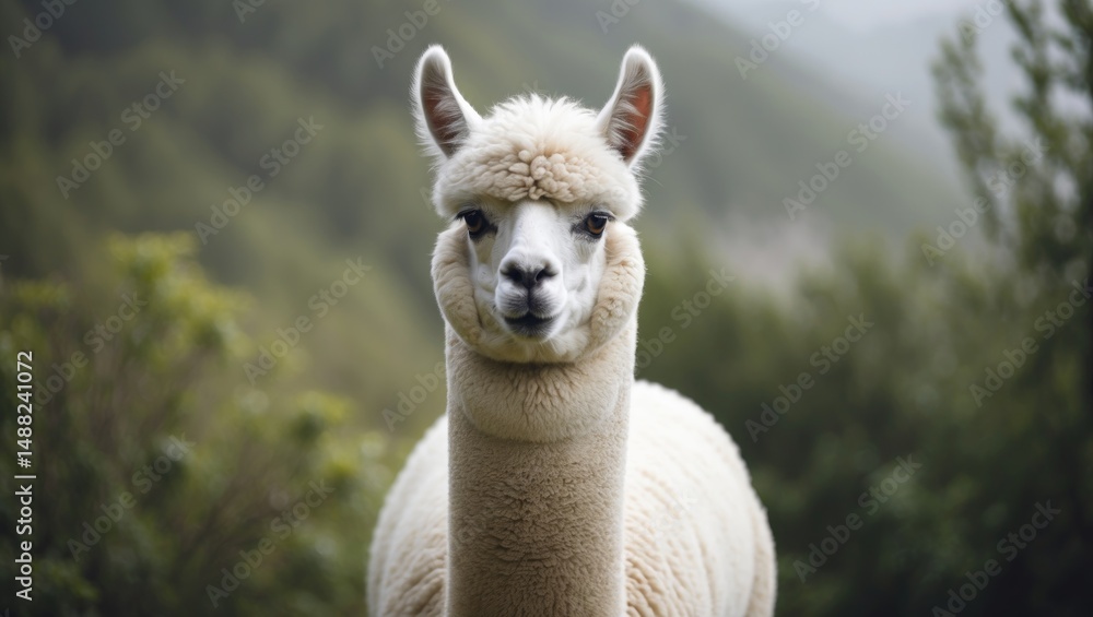 Fototapeta premium White Alpaca Portrait in Nature
