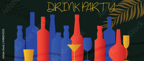 Drink party on the beach, alcohol collection, glasses, red wine, cabernet, merlot, whiskey, scotch on the rocks. Poster for bar, menu design, wine list