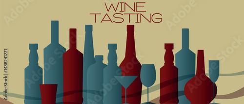 Party poster, wine list, bar, alcohol bottle and glasses set. Vector design wine tasting, sommelier, red wine, cognac, brandy