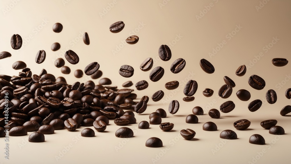 Obraz premium Roasted coffee beans levitating on a background