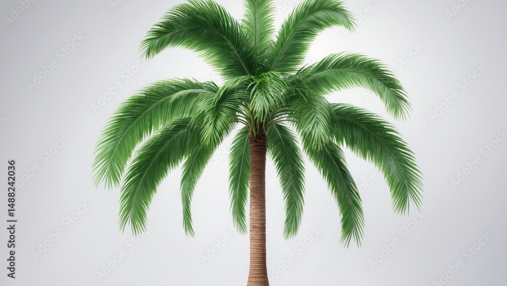 Obraz premium Tropical palm tree foliage isolated on white background featuring slender trunk and green leaves