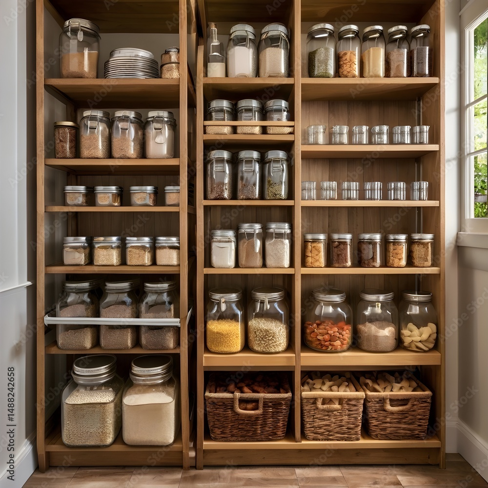 A beautifully organized kitchen pantry with neatly labeled glass jars containing grains, pasta, spices, and baking ingredients. A beautifully organized kitchen pantry with neatly labeled glass jars containing grains, pasta, spices, and baking ingredients.