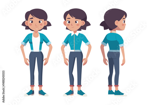 Teenage girl character set. Constructor for animation. Front, side and back view collection. Vector illustration.
