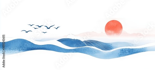 Watercolor illustration of a sunset over the ocean with flying birds